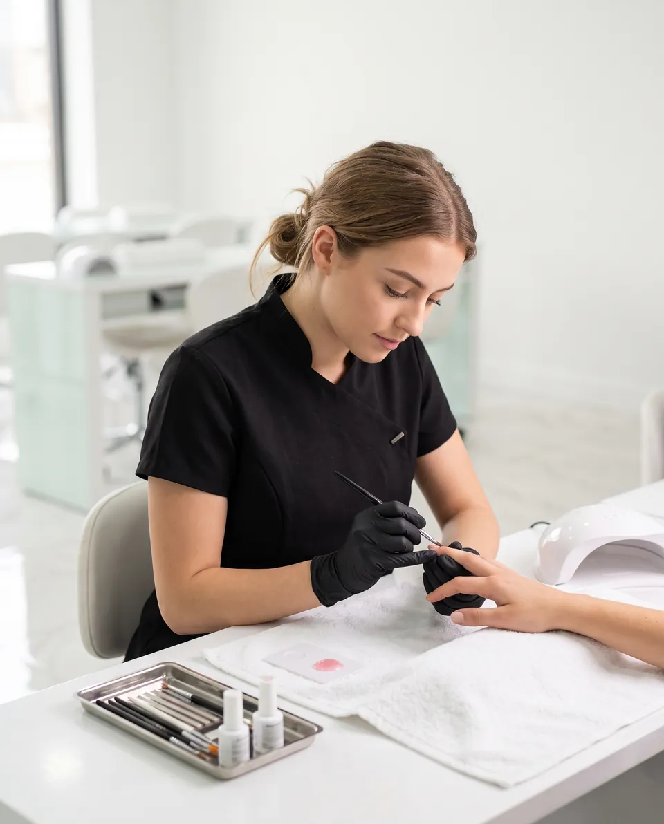 Una técnica con guantes negros aplicando gel con pincel sobre la uña de una clienta, en una mesa de manicura con las herramientas ordenadas en bandeja y la lámpara al costado.
